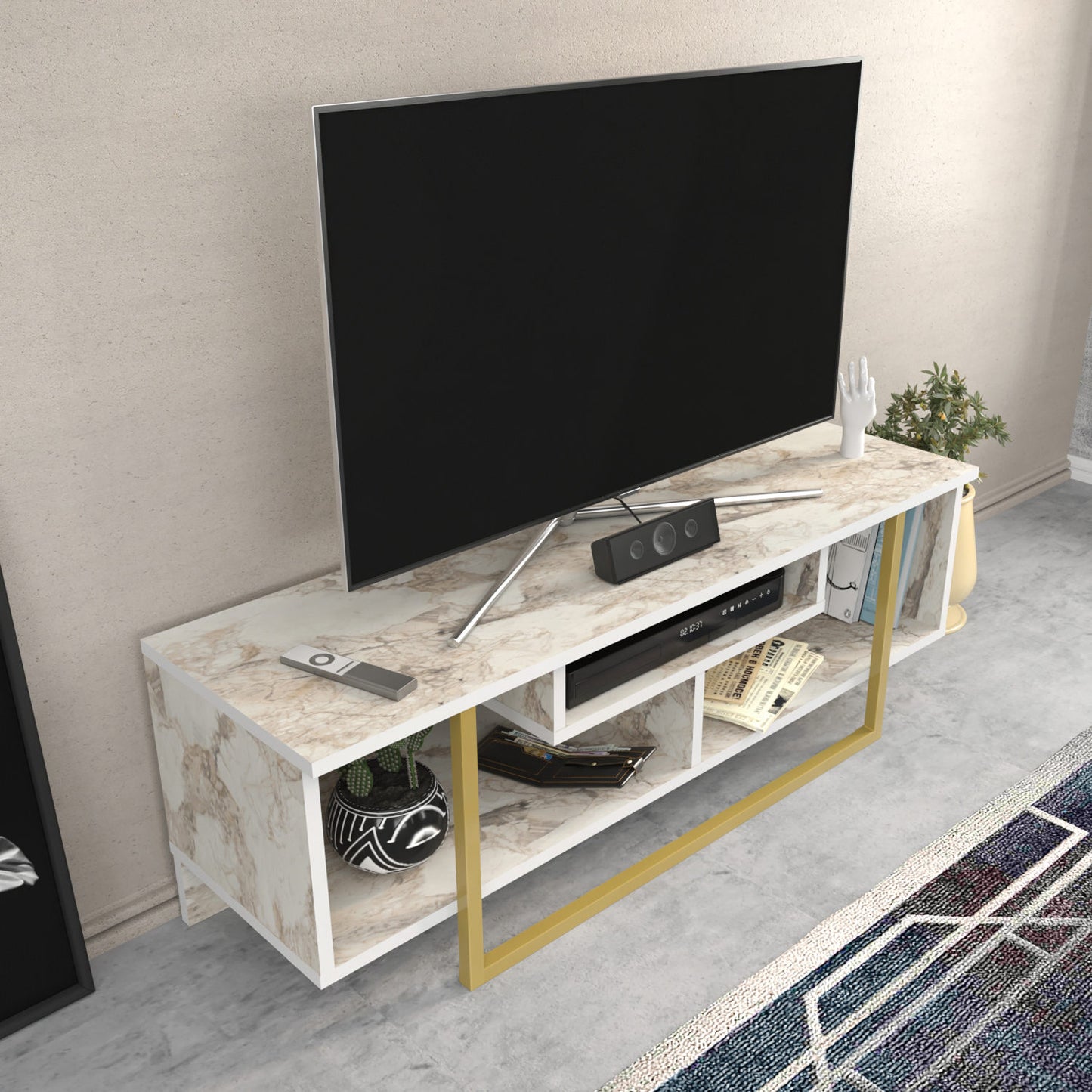 Έπιπλο Τηλεόρασης TV Βάση Σύνθεση Λευκό Χρυσό | 322RTC2192