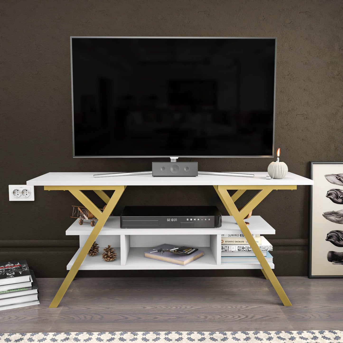Έπιπλο Τηλεόρασης TV Βάση Σύνθεση Χρυσό Λευκό | 322RTC2319