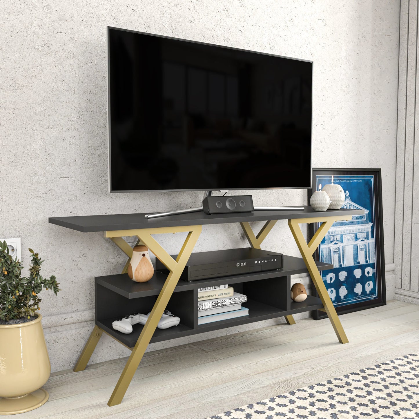 Έπιπλο Τηλεόρασης TV Βάση Σύνθεση Χρυσό Ανθρακί | 322RTC2321