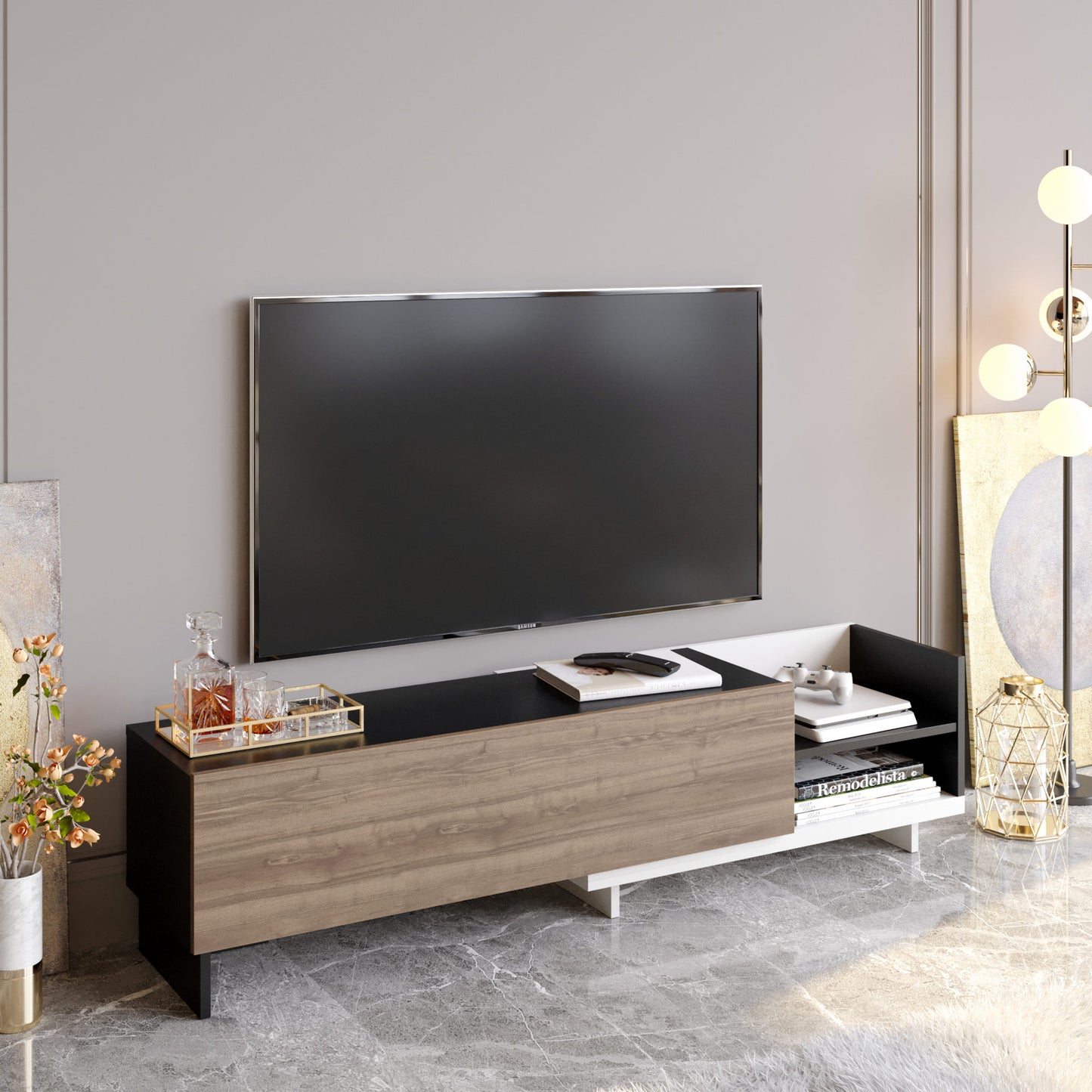 Έπιπλο Τηλεόρασης TV Βάση Σύνθεση Λευκό Μαύρο Καρυδί | 322RTC2454