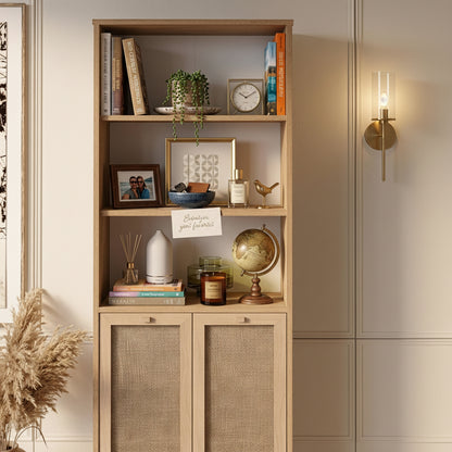 Βιβλιοθήκη Δρυς με Ράφια και Ντουλάπι Ρατάν Boho 69.5x32x180 εκ Φυσικό Στυλ και Πρακτική Αποθήκευση 336VIN1303