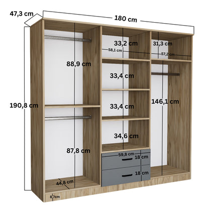 Ντουλάπα 180x190x45 εκ Grey White 350MWD1132