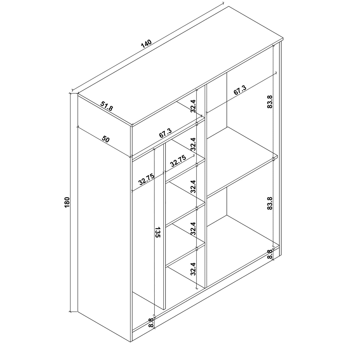 Ντουλάπα 140x180x51.8 εκ Πεύκο Atlantic 350MWD1142