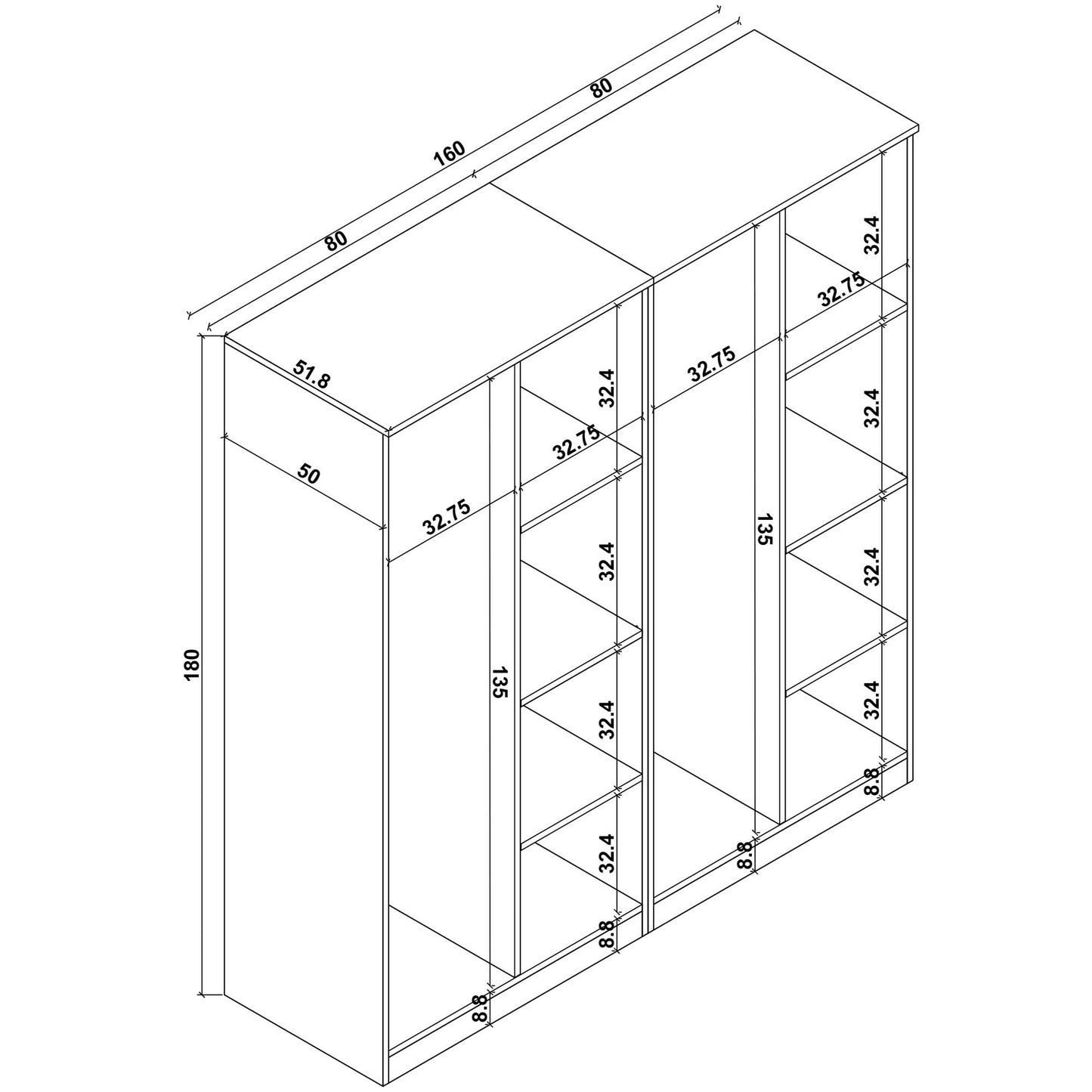 Ντουλάπα 160x180x51.8 εκ Πεύκο Atlantic 350MWD1144