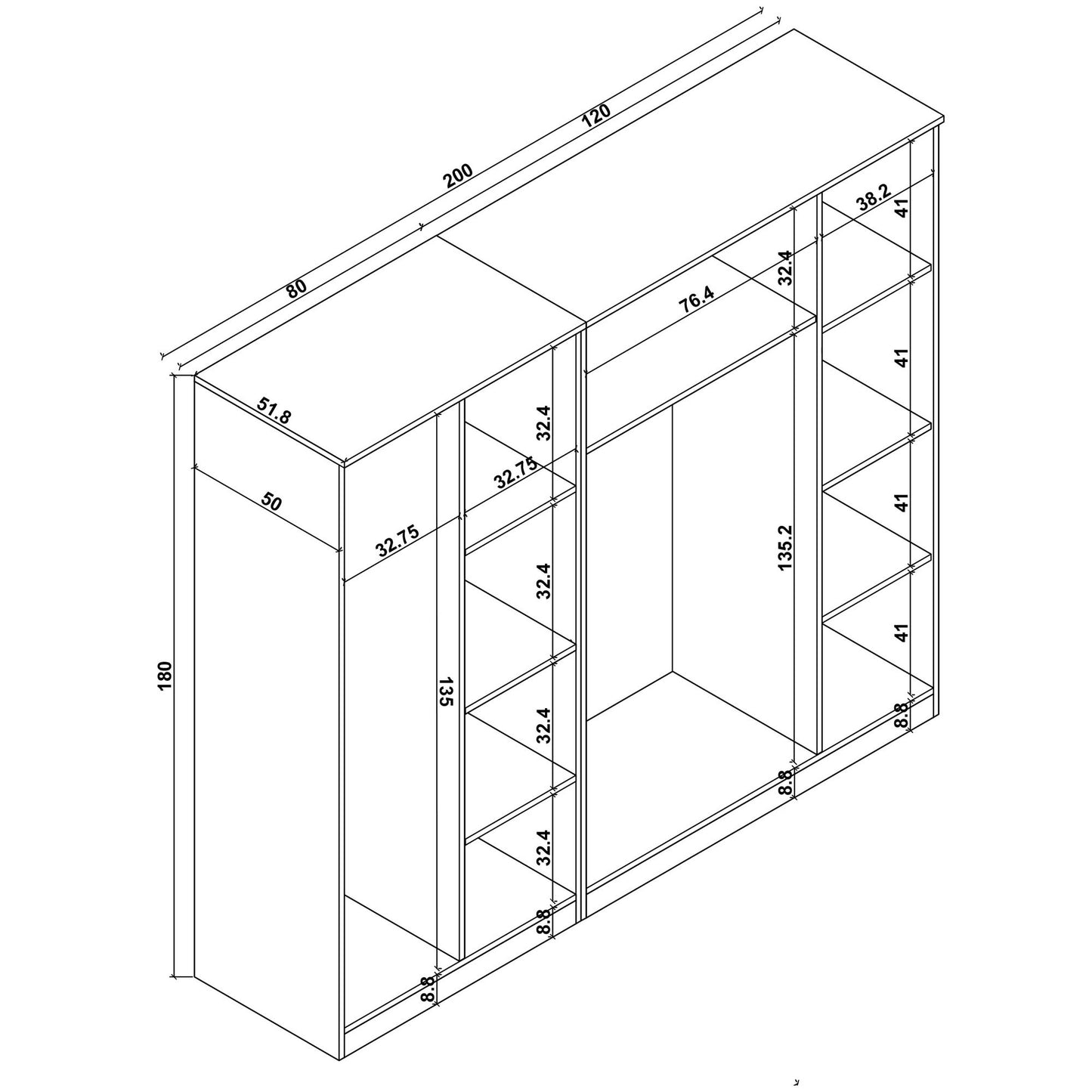 Ντουλάπα 200x180x51.8 εκ Πεύκο Atlantic 350MWD1148
