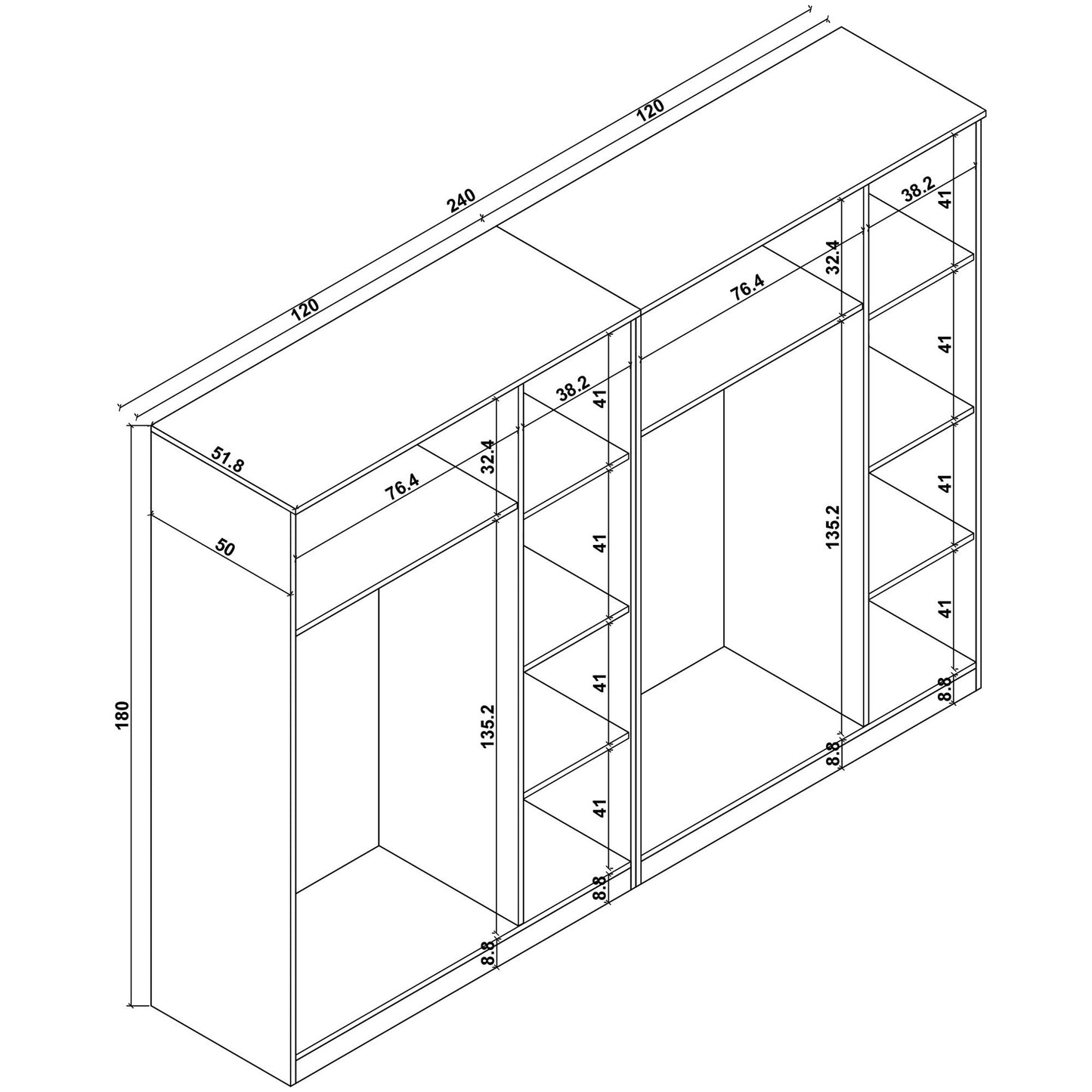 Ντουλάπα 240x180x51.8 εκ Πεύκο Atlantic 350MWD1156