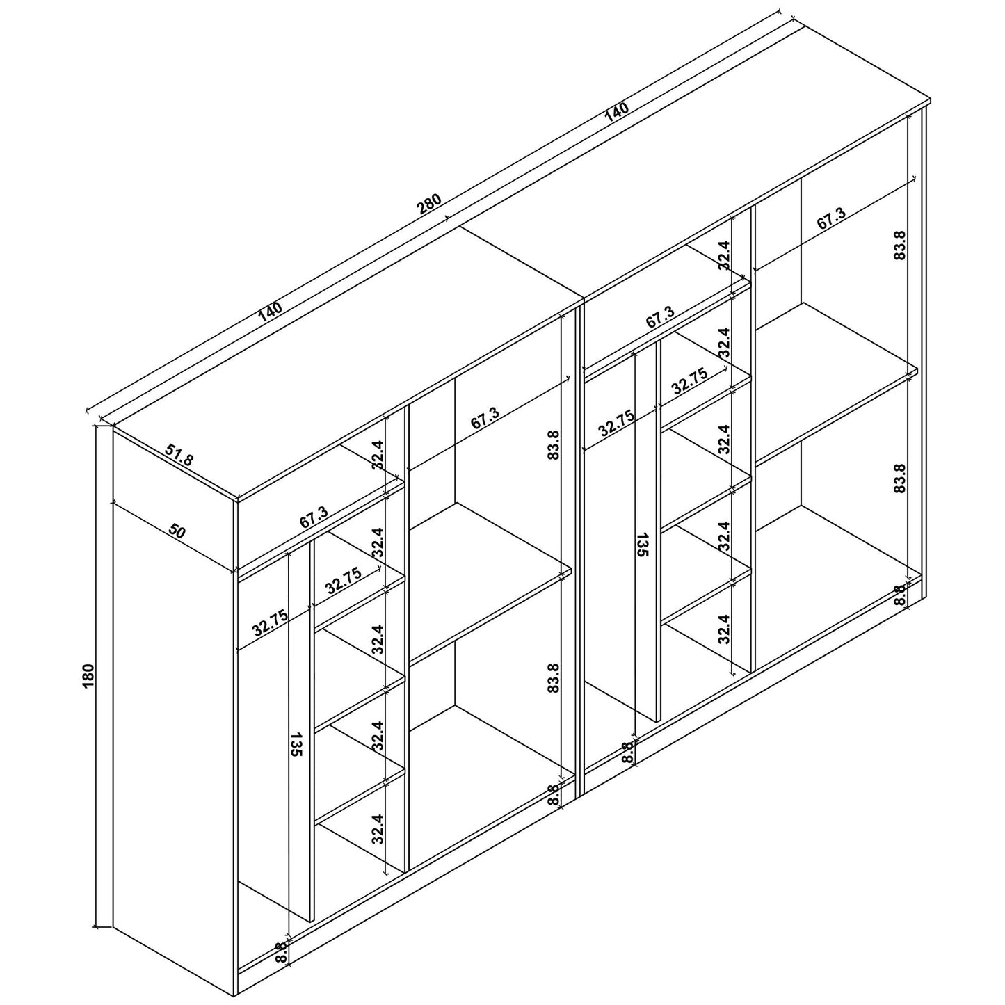 Ντουλάπα 280x180x51.8 εκ Πεύκο Atlantic 350MWD1160