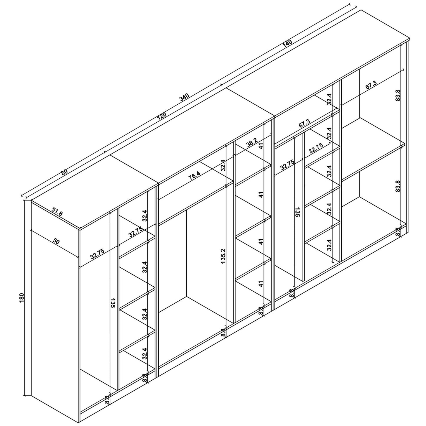 Ντουλάπα 340x180x51.8 εκ Πεύκο Atlantic 350MWD1167