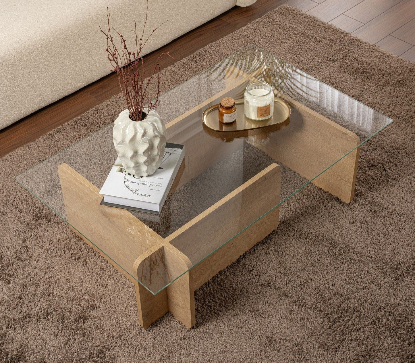 Τραπεζάκι Σαλονιού Τραπέζι Καθιστικού Δρυς με Γυαλί Γυάλινο Τραπεζάκι 353NRD1116