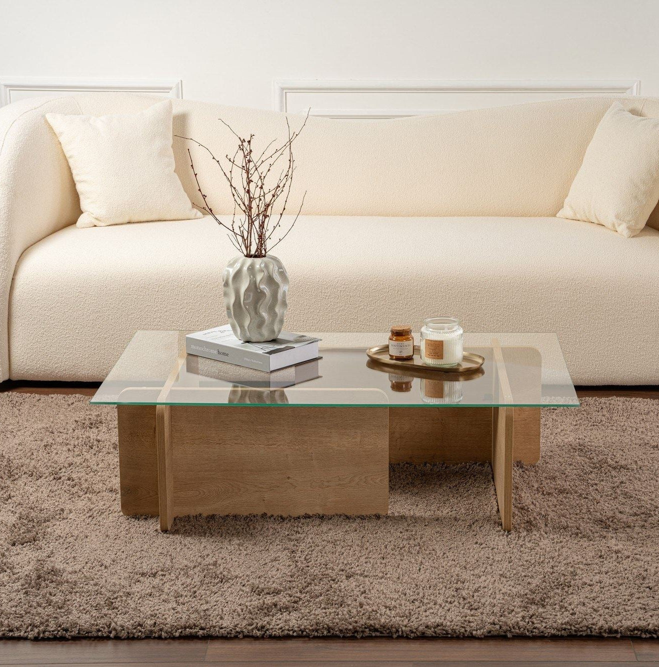 Τραπεζάκι Σαλονιού Τραπέζι Καθιστικού Δρυς με Γυαλί Γυάλινο Τραπεζάκι 353NRD1116