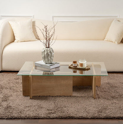 Τραπεζάκι Σαλονιού Τραπέζι Καθιστικού Δρυς με Γυαλί Γυάλινο Τραπεζάκι 353NRD1116