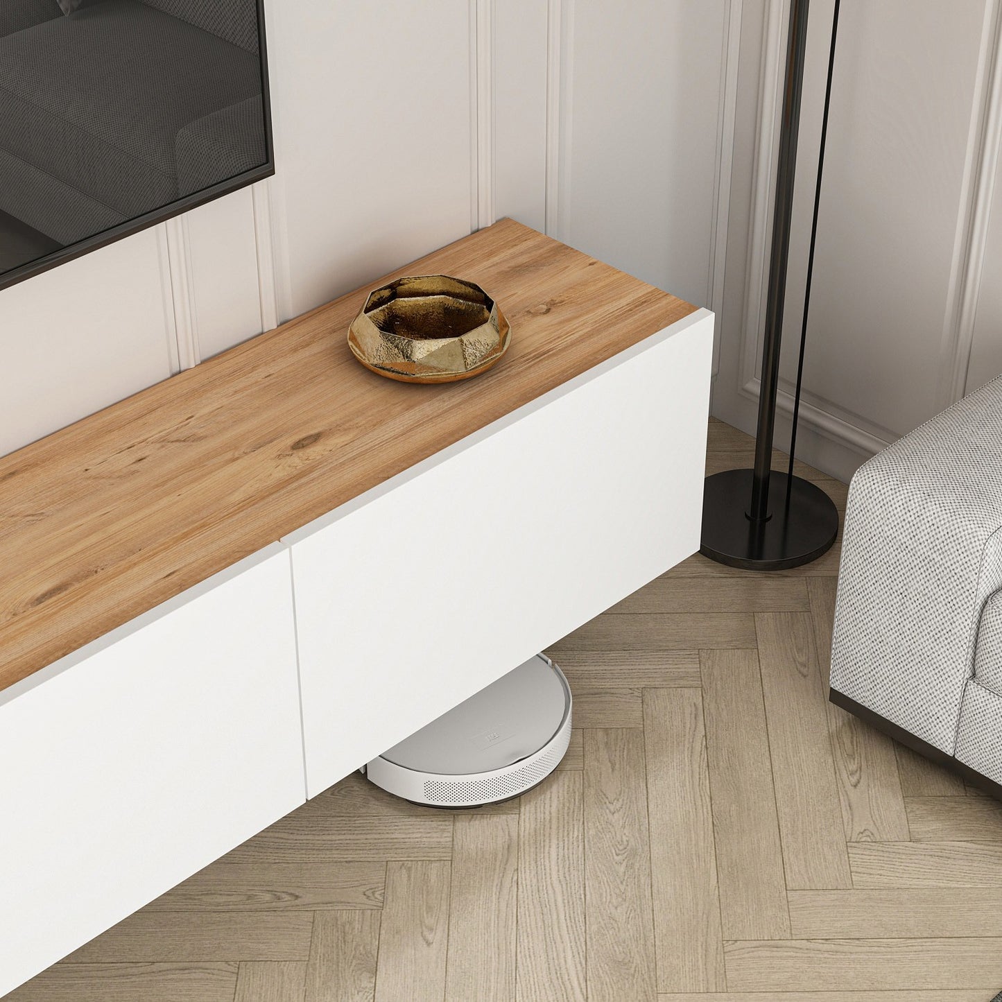 Βάση Τηλεόρασης 150εκ Λευκό & Ξύλο με Ράφια Έπιπλο Τηλεόρασης Κρεμαστό 362ANT1155