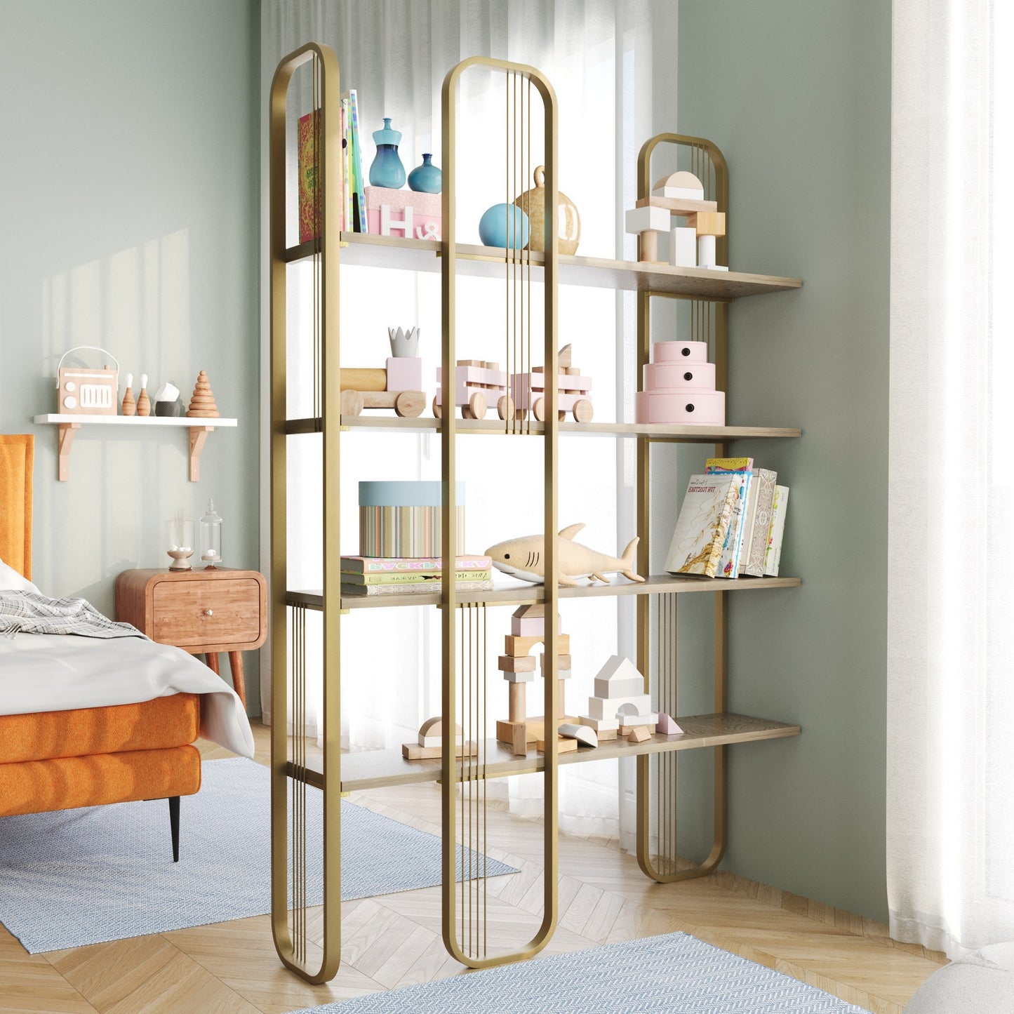 Ψηλή Βιβλιοθήκη Διαχωριστικό Χώρου Χρυσή Ραφιέρα Σαλονιού Γραφείου 182x124x26 εκ