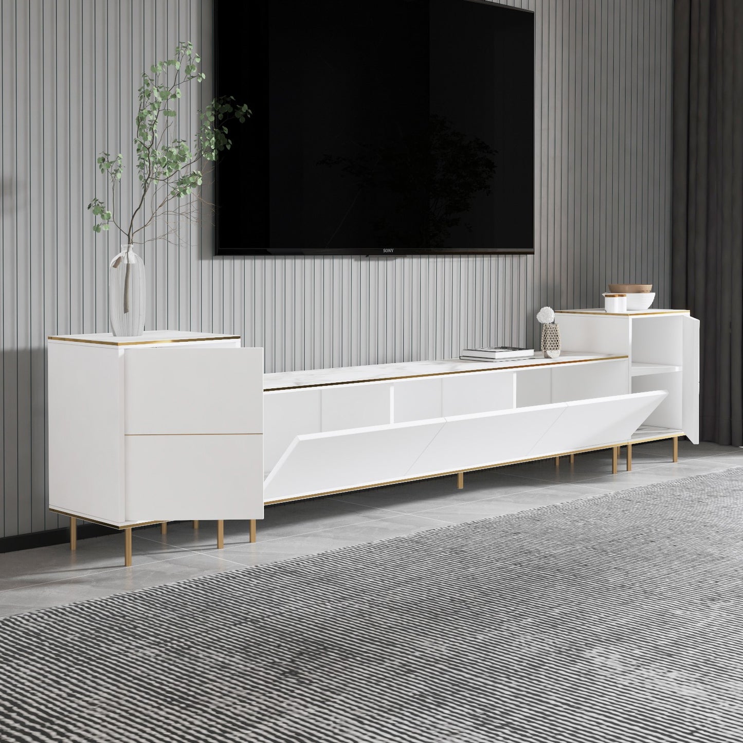 Έπιπλο Τηλεόρασης TV Βάση Σύνθεση Λευκό Marble Χρυσό | 382NRC1141