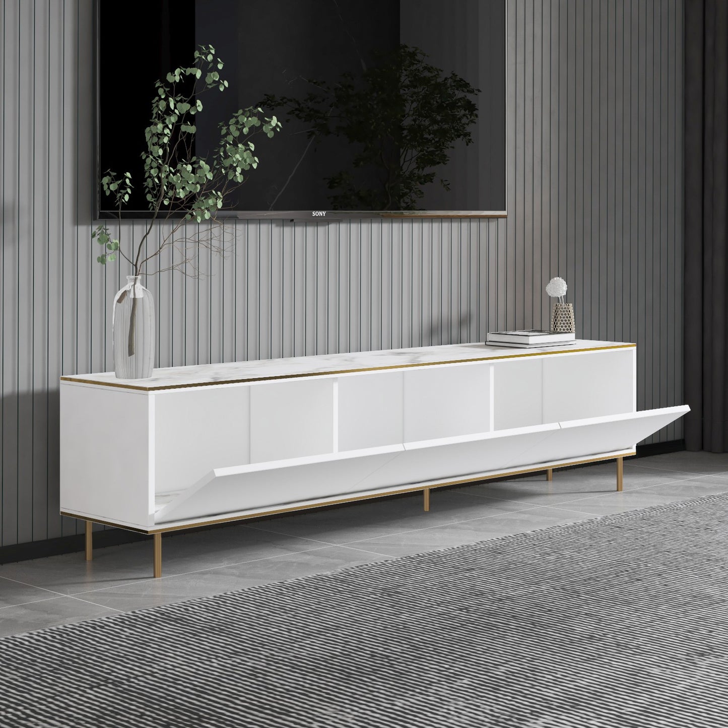Έπιπλο Τηλεόρασης TV Βάση Σύνθεση Λευκό Marble Χρυσό | 382NRC1143