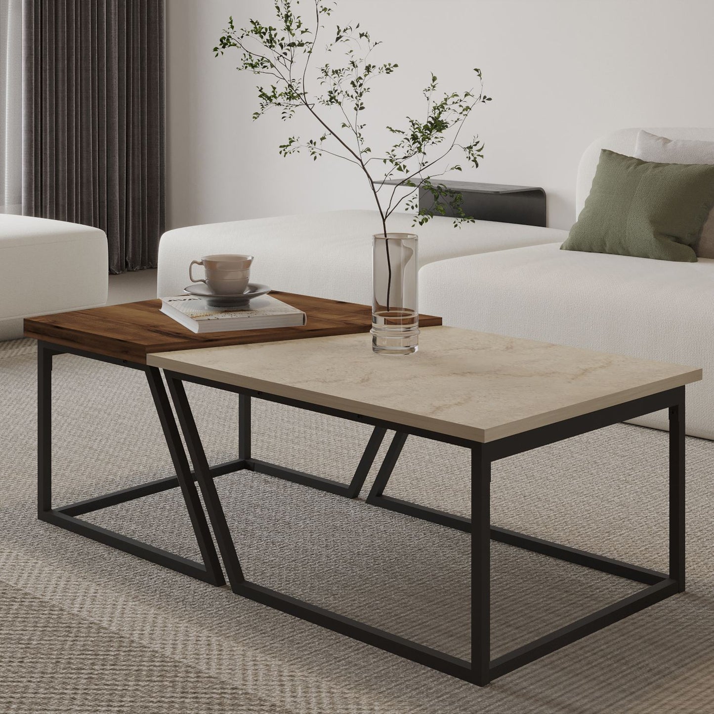Τραπεζάκι Σαλονιού Set Travertine - Ρουστίκ Καρυδί 60 x 60 x 38,8 εκ GR382NRC1552