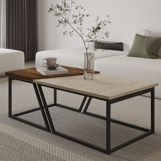 Τραπεζάκι Σαλονιού Set Travertine - Ρουστίκ Καρυδί 60 x 60 x 38,8 εκ GR382NRC1552