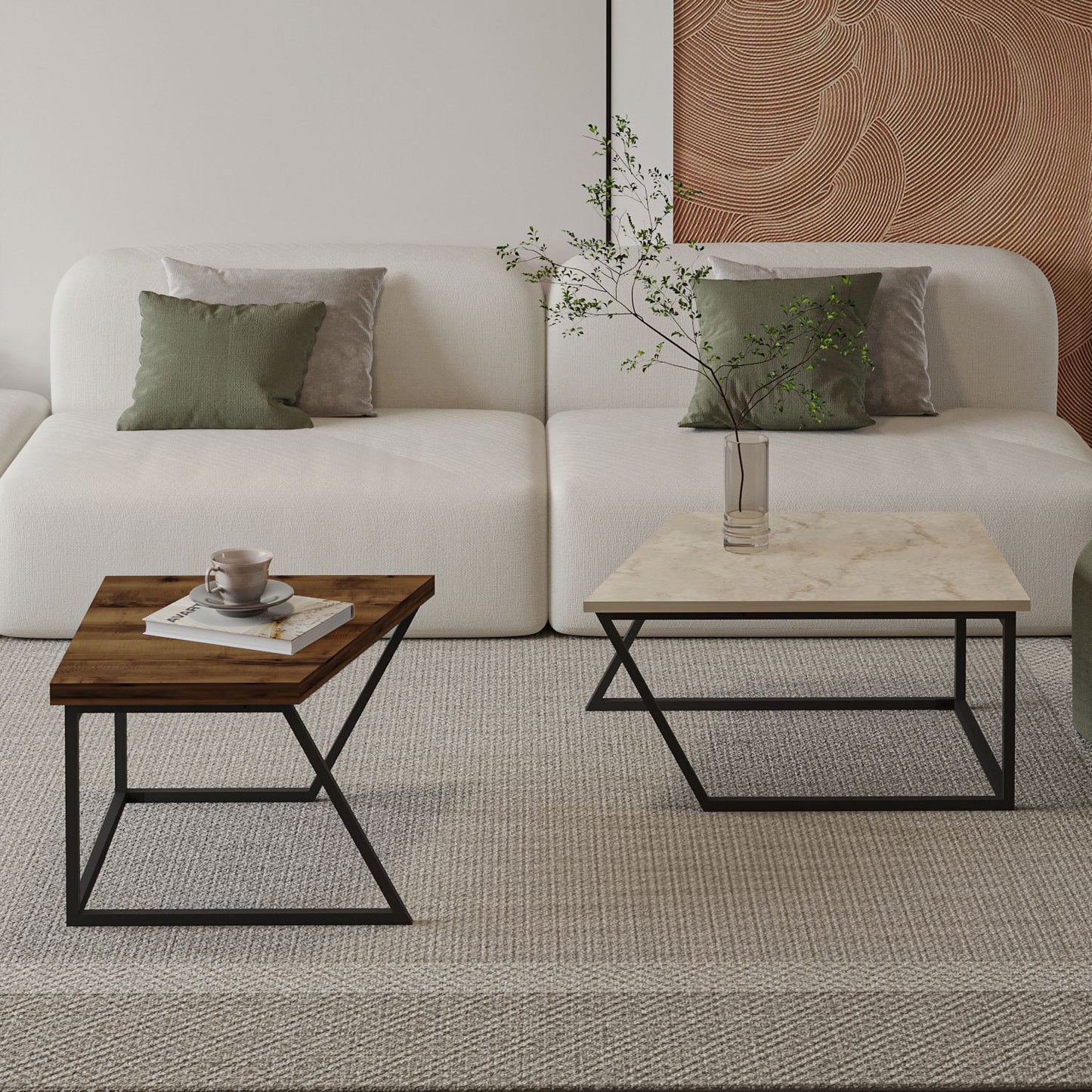 Τραπεζάκι Σαλονιού Set Travertine - Ρουστίκ Καρυδί 60 x 60 x 38,8 εκ GR382NRC1552