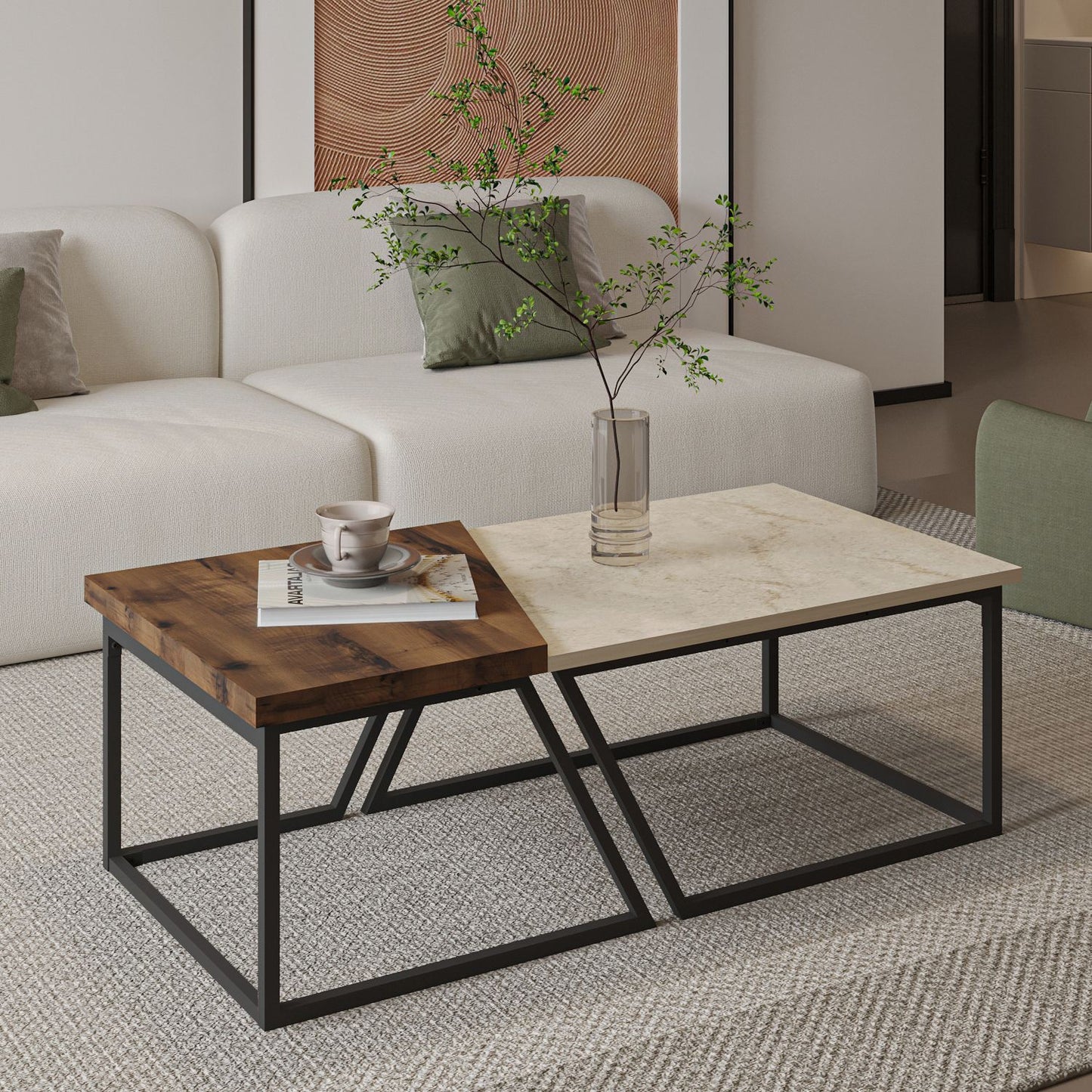 Τραπεζάκι Σαλονιού Set Travertine - Ρουστίκ Καρυδί 60 x 60 x 38,8 εκ GR382NRC1552