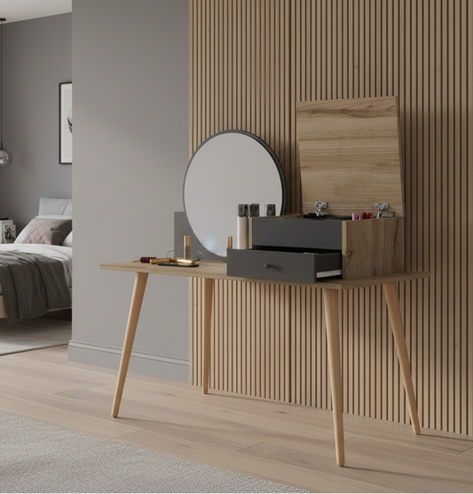 Τραπέζι Μπουντουάρ Μακιγιάζ Μεικαπ Τουαλέτας Κρεβατοκάμαρας με Καθρέφτη Ντουλάπι και Συρτάρια Ανθρακί 382NRC1901