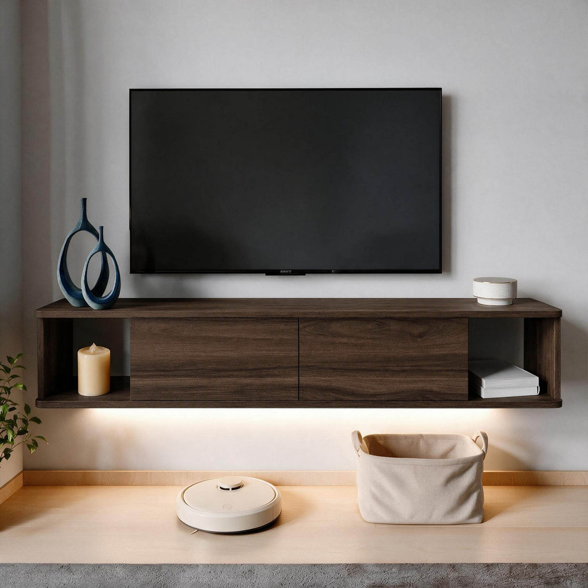 Κρεμαστό Έπιπλο Τηλεόρασης με LED Φωτισμό 160x29x29 εκ Επιτοίχια Βάση Τηλεόρασης με Ντουλάπι Καρυδί 382NRC3237