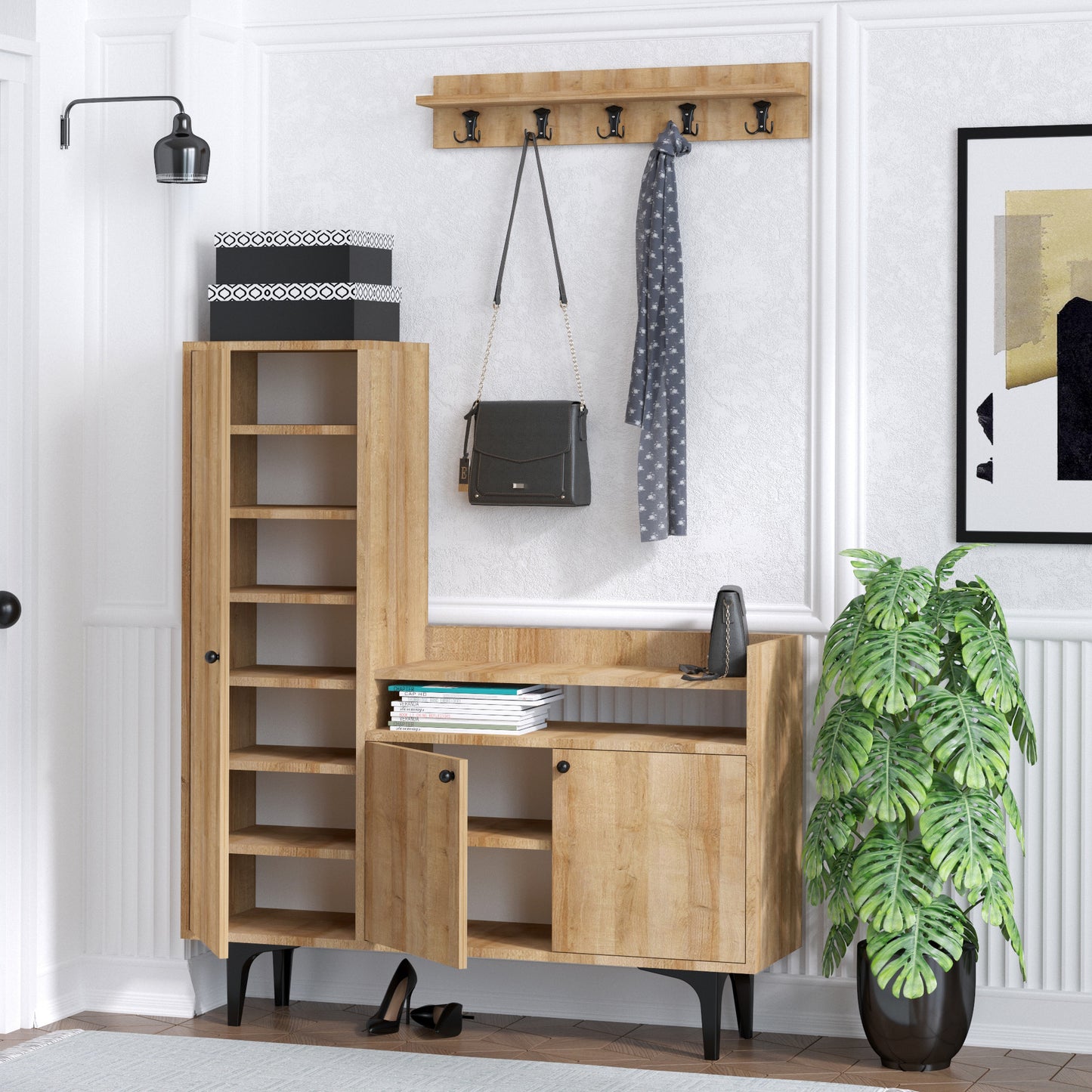 Έπιπλο Εισόδου Βάση για Παλτό Παπουτσοθήκη Κονσόλα Κρεμάστρα Ρούχων Καλόγερος Ντουλάπα για διάδρομο Δρυς  393MRD1205