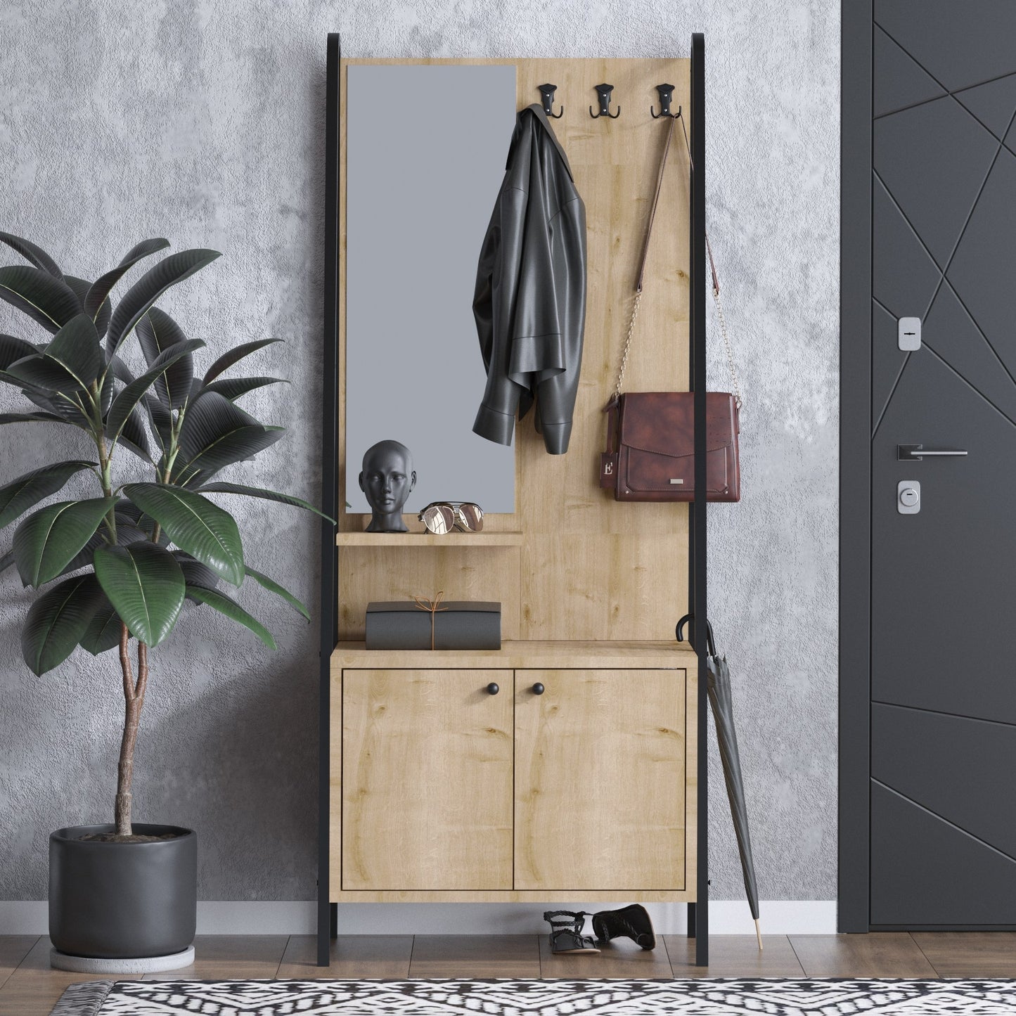 Έπιπλο Εισόδου Βάση για Παλτό με Καθρέφτη Παπουτσοθήκη Κρεμάστρα Χολ Ρούχων Ντουλάπι Διαδρόμου 393MRD1433