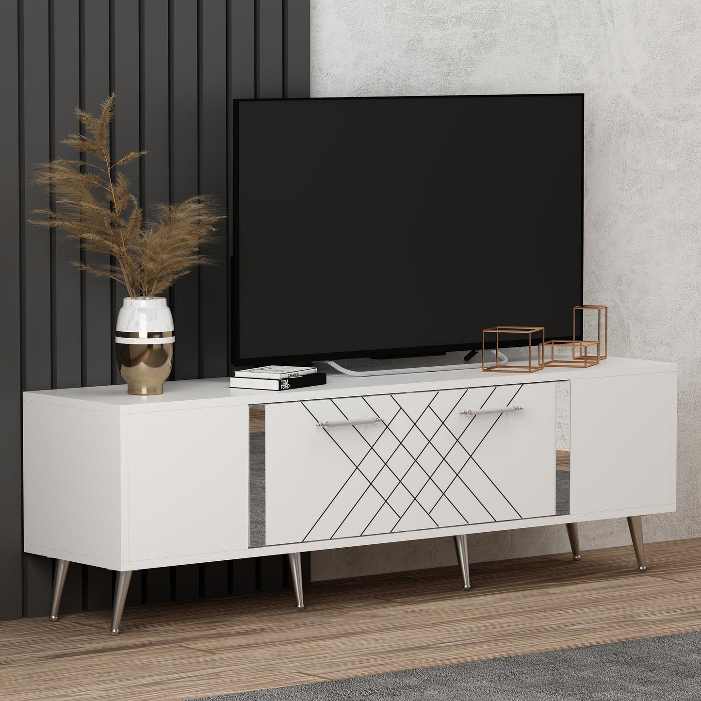 Έπιπλο Τηλεόρασης TV Βάση Σύνθεση Λευκό Silver | 475OLV1137