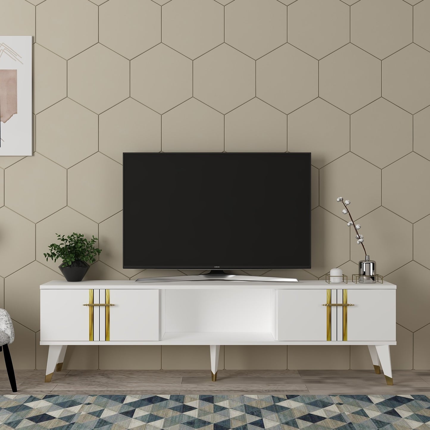 Έπιπλο Τηλεόρασης TV Βάση Σύνθεση Λευκό Χρυσό | 475OLV2698