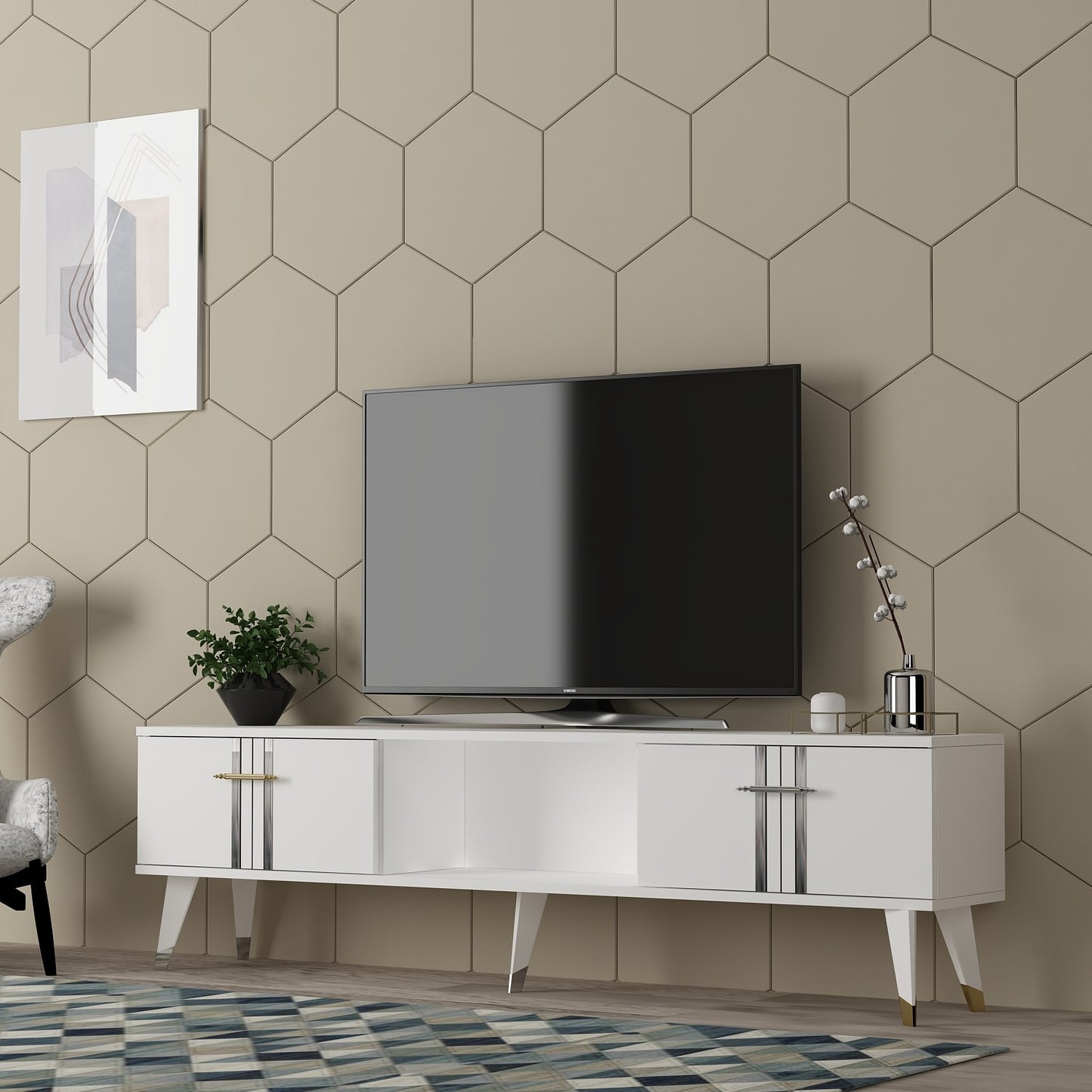 Έπιπλο Τηλεόρασης TV Βάση Σύνθεση Λευκό Silver | 475OLV2699