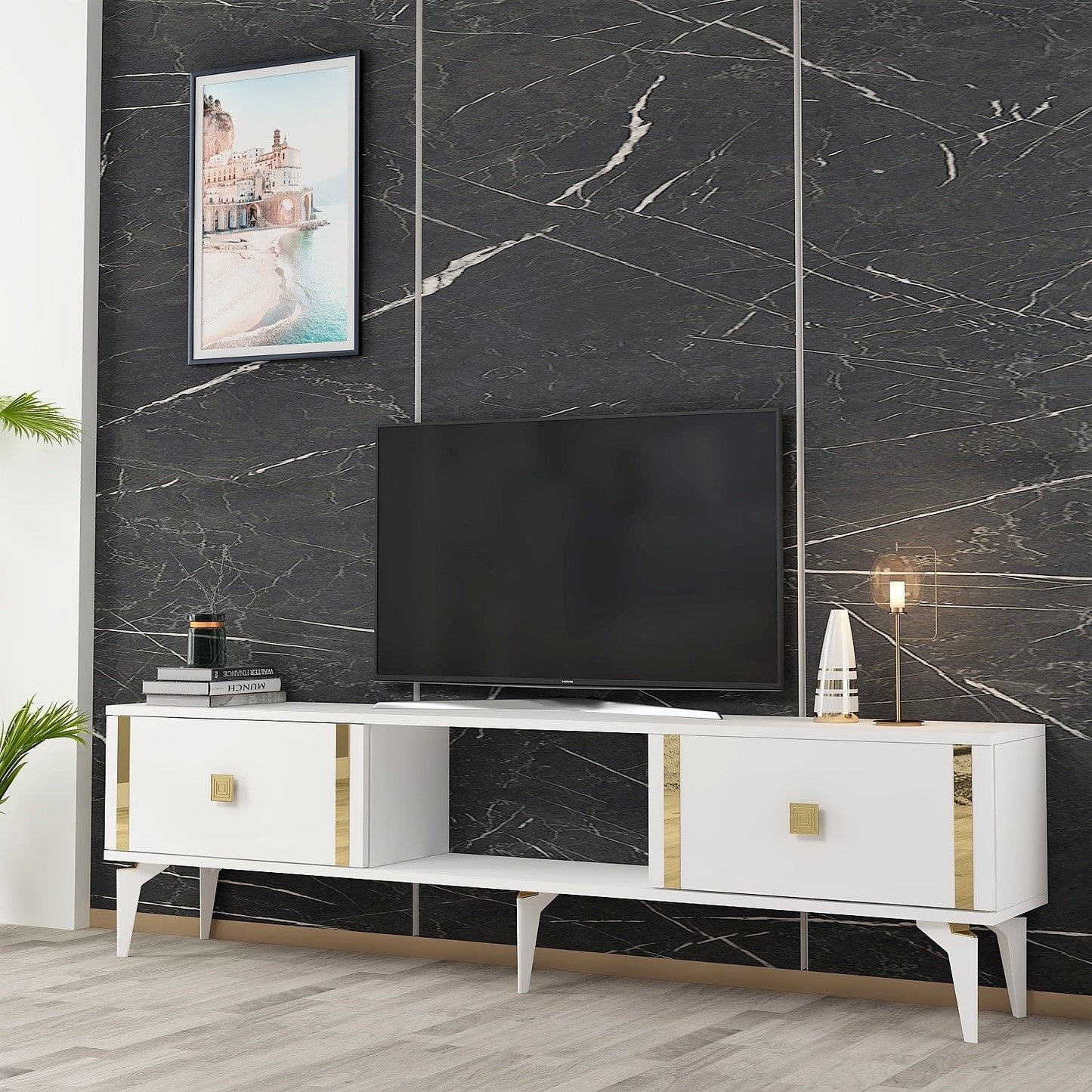 Έπιπλο Τηλεόρασης TV Βάση Σύνθεση Λευκό Χρυσό | 475OLV2933