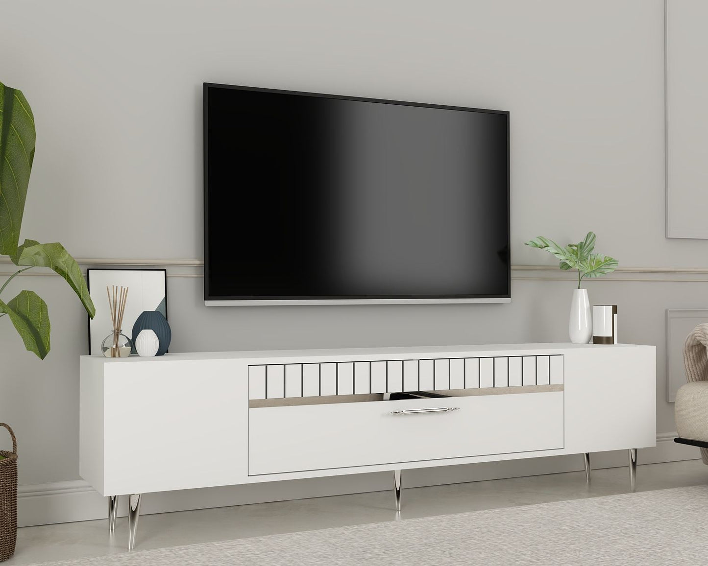 Έπιπλο Τηλεόρασης TV Βάση Σύνθεση Λευκό Silver | 475OLV2991