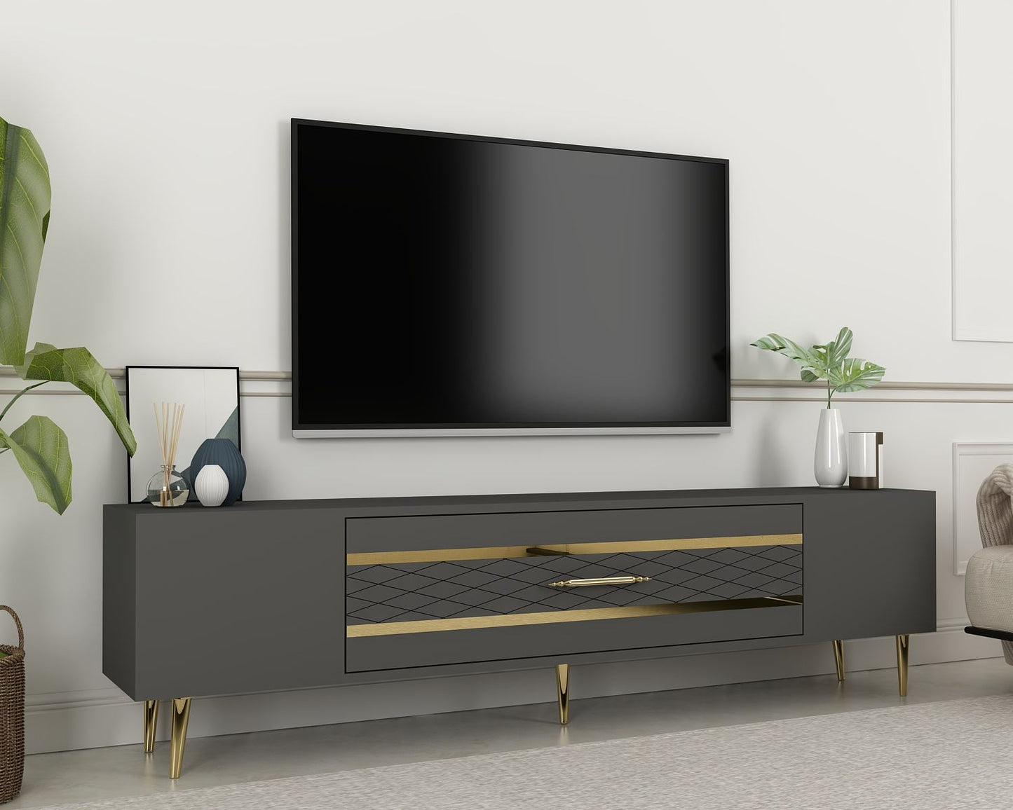 Έπιπλο Τηλεόρασης TV Βάση Σύνθεση Ανθρακί Χρυσό | 475OLV2995