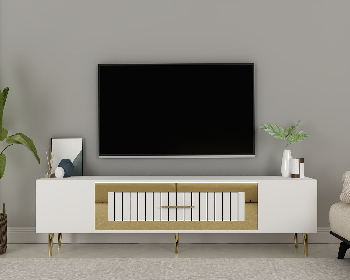 Έπιπλο Τηλεόρασης TV Βάση Σύνθεση Λευκό Χρυσό | 475OLV3006