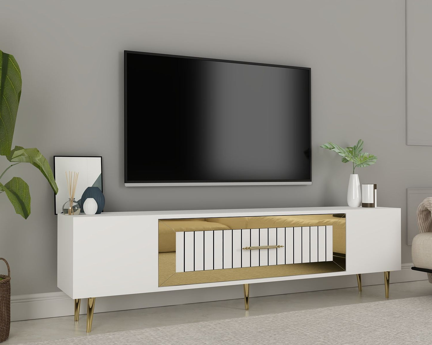 Έπιπλο Τηλεόρασης TV Βάση Σύνθεση Λευκό Χρυσό | 475OLV3006