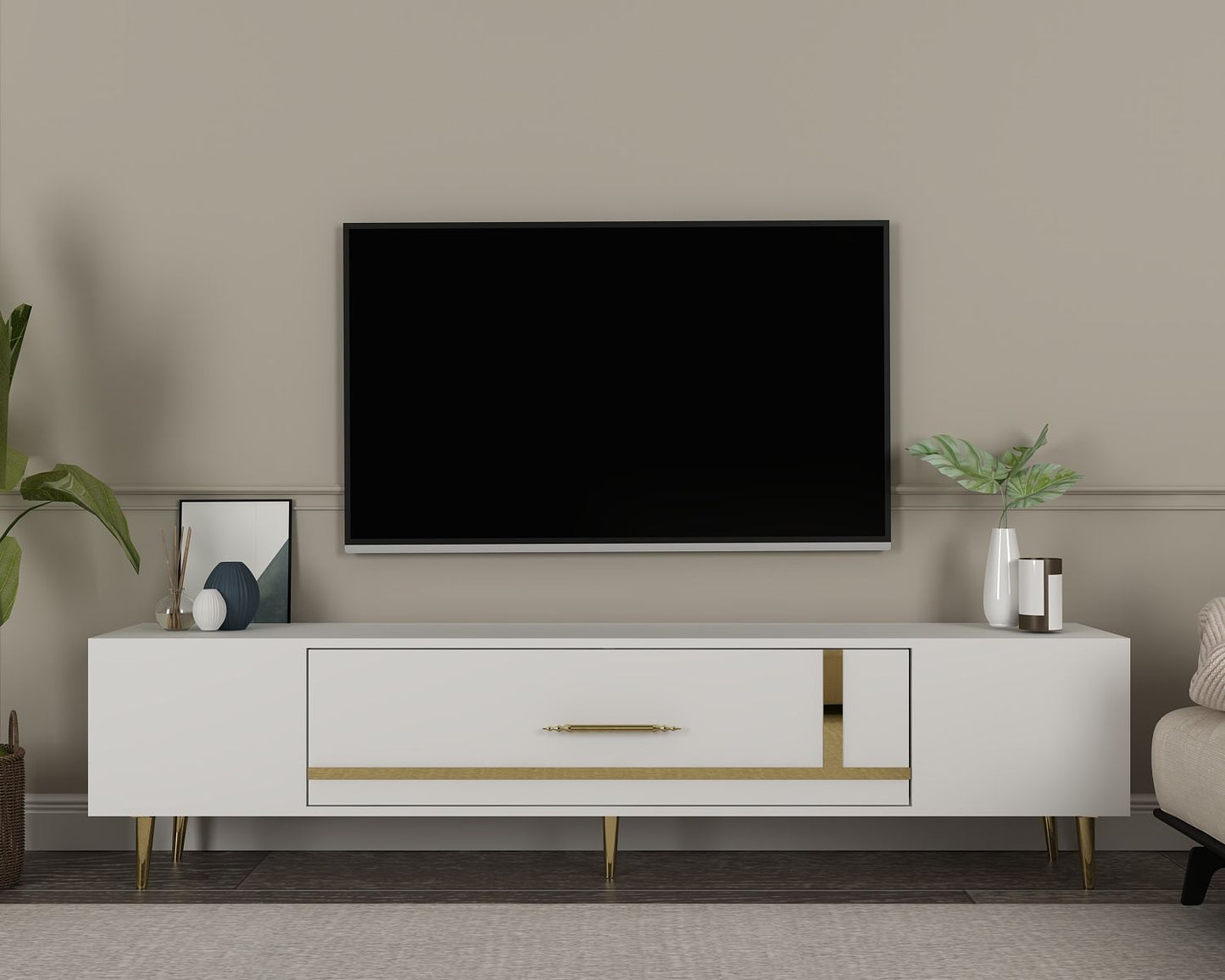Έπιπλο Τηλεόρασης TV Βάση Σύνθεση Λευκό Χρυσό | 475OLV3016