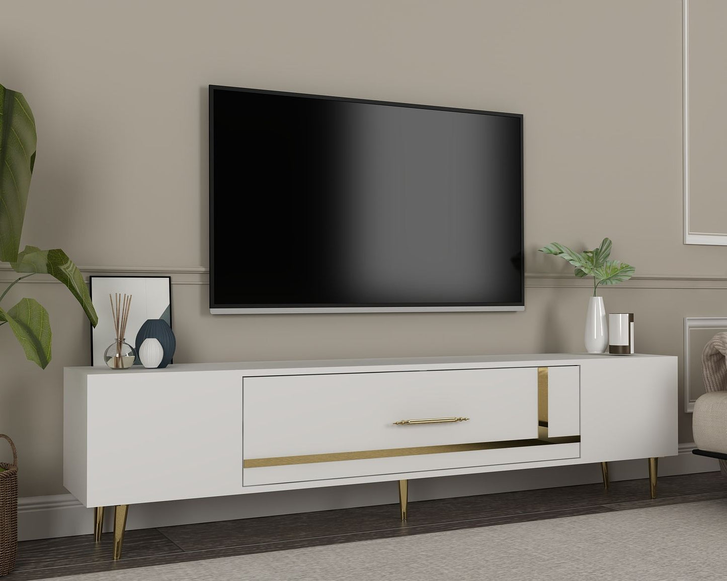 Έπιπλο Τηλεόρασης TV Βάση Σύνθεση Λευκό Χρυσό | 475OLV3016