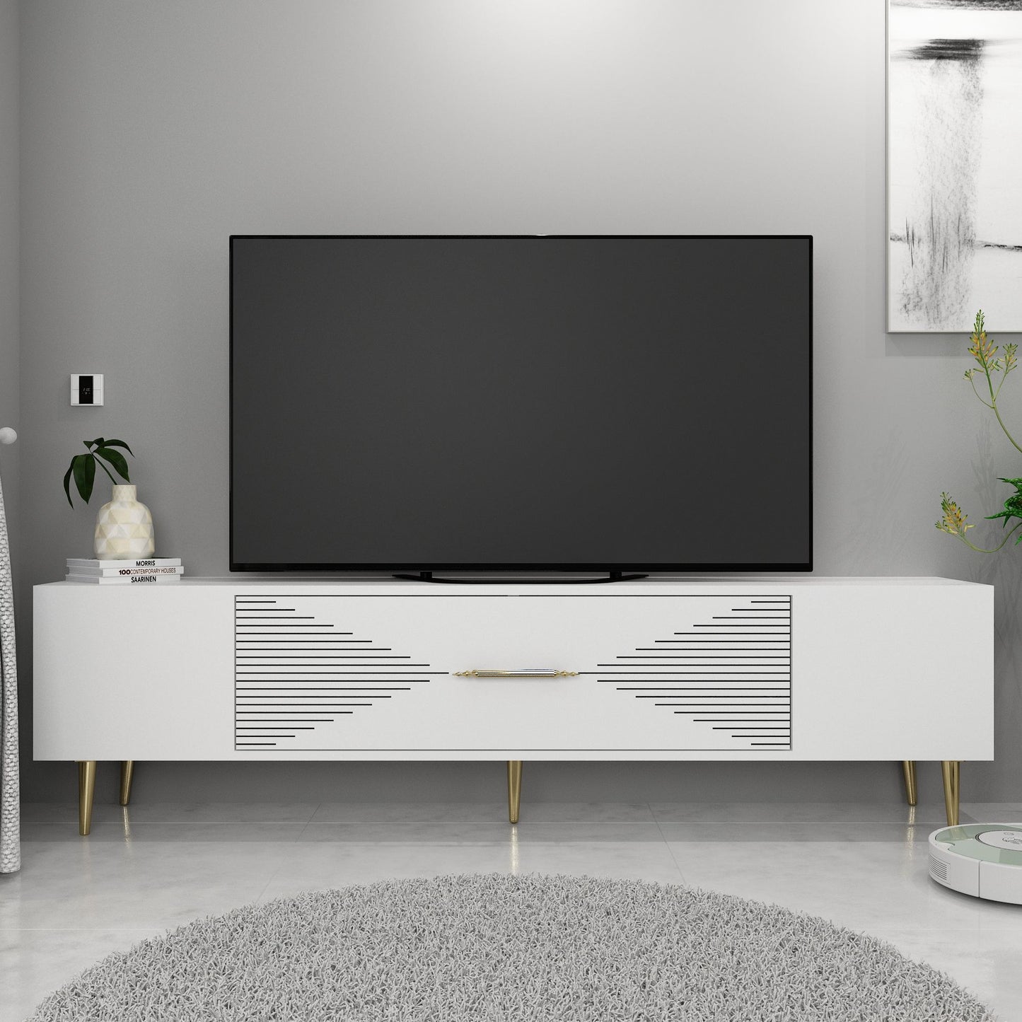 Έπιπλο Τηλεόρασης TV Βάση Σύνθεση Λευκό Χρυσό | 475OLV3034