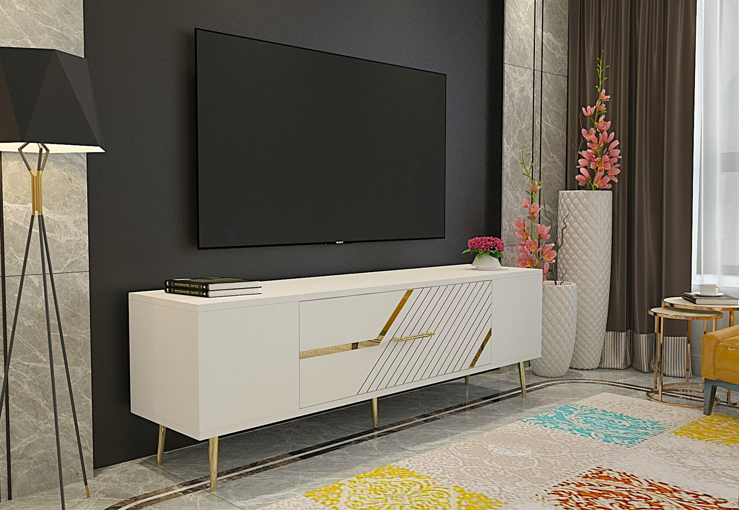 Έπιπλο Τηλεόρασης TV Βάση Σύνθεση Λευκό Χρυσό | 475OLV3057