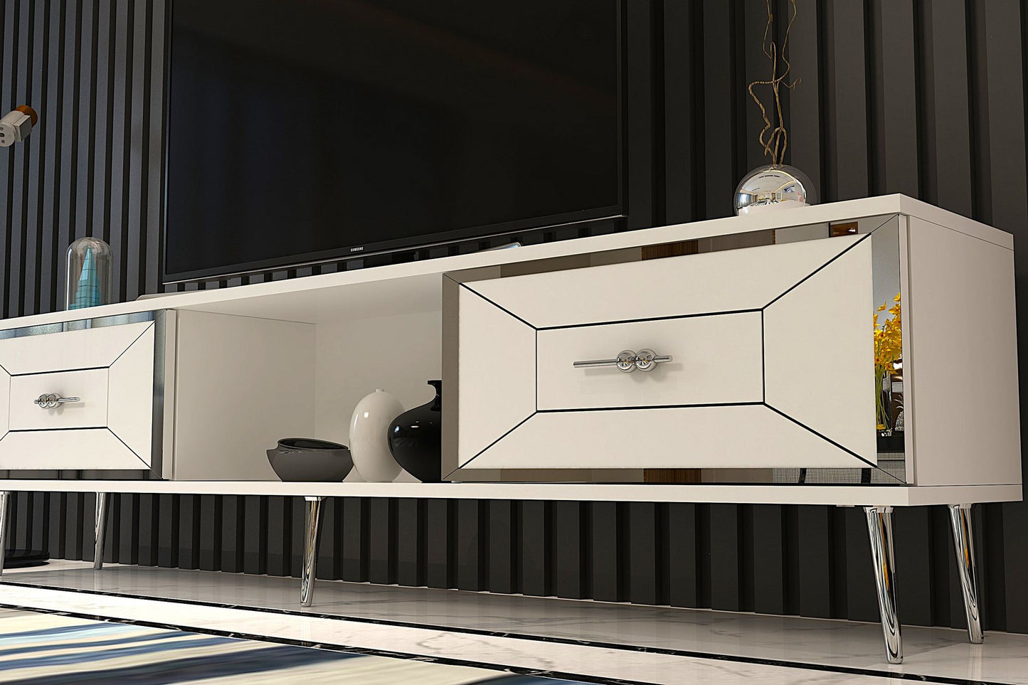 Έπιπλο Τηλεόρασης TV Βάση Σύνθεση Λευκό Silver | 475OLV3066