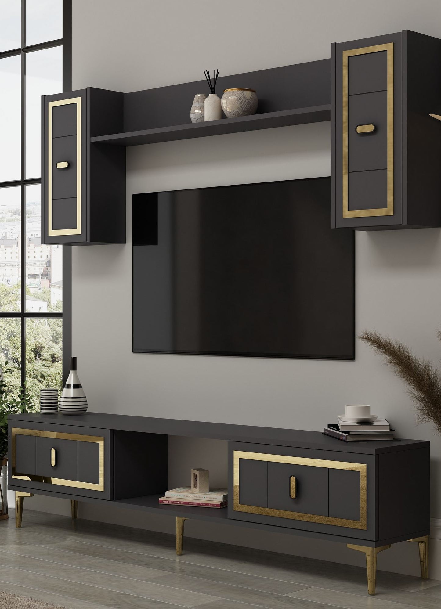 Έπιπλο Τηλεόρασης TV Βάση Σύνθεση Ανθρακί Χρυσό | 475OLV3369
