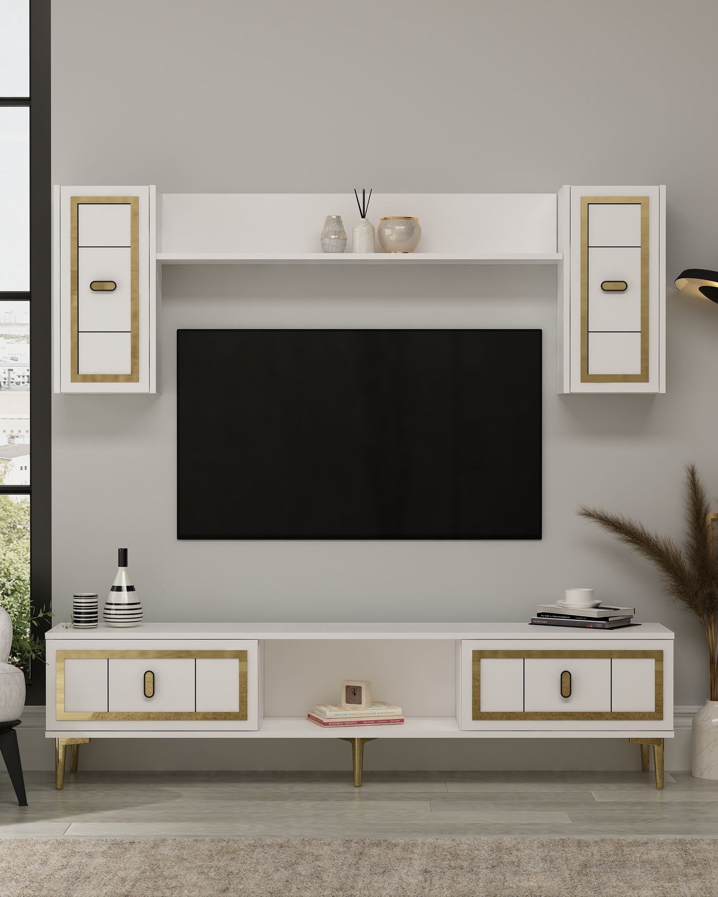 Έπιπλο Τηλεόρασης TV Βάση Σύνθεση Λευκό Χρυσό | 475OLV3371