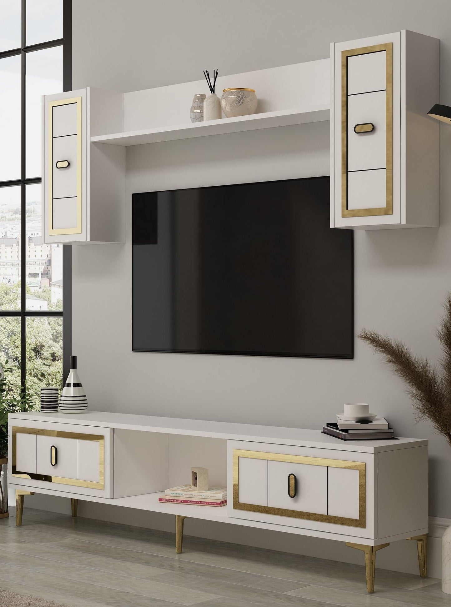 Έπιπλο Τηλεόρασης TV Βάση Σύνθεση Λευκό Χρυσό | 475OLV3371