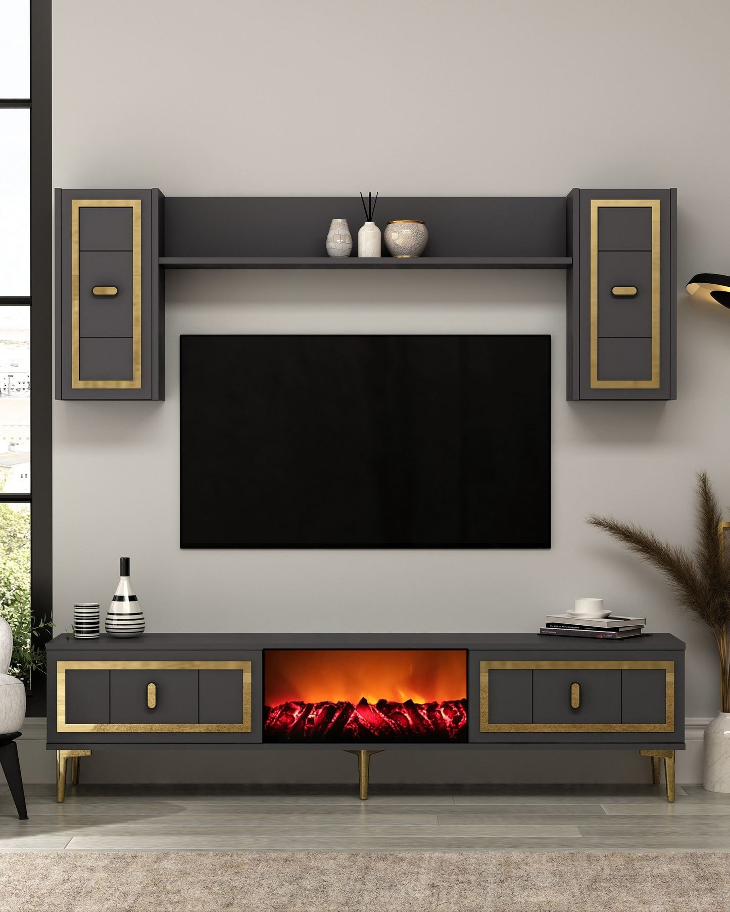 Έπιπλο Τηλεόρασης TV Βάση Σύνθεση Ανθρακί Χρυσό | 475OLV3382