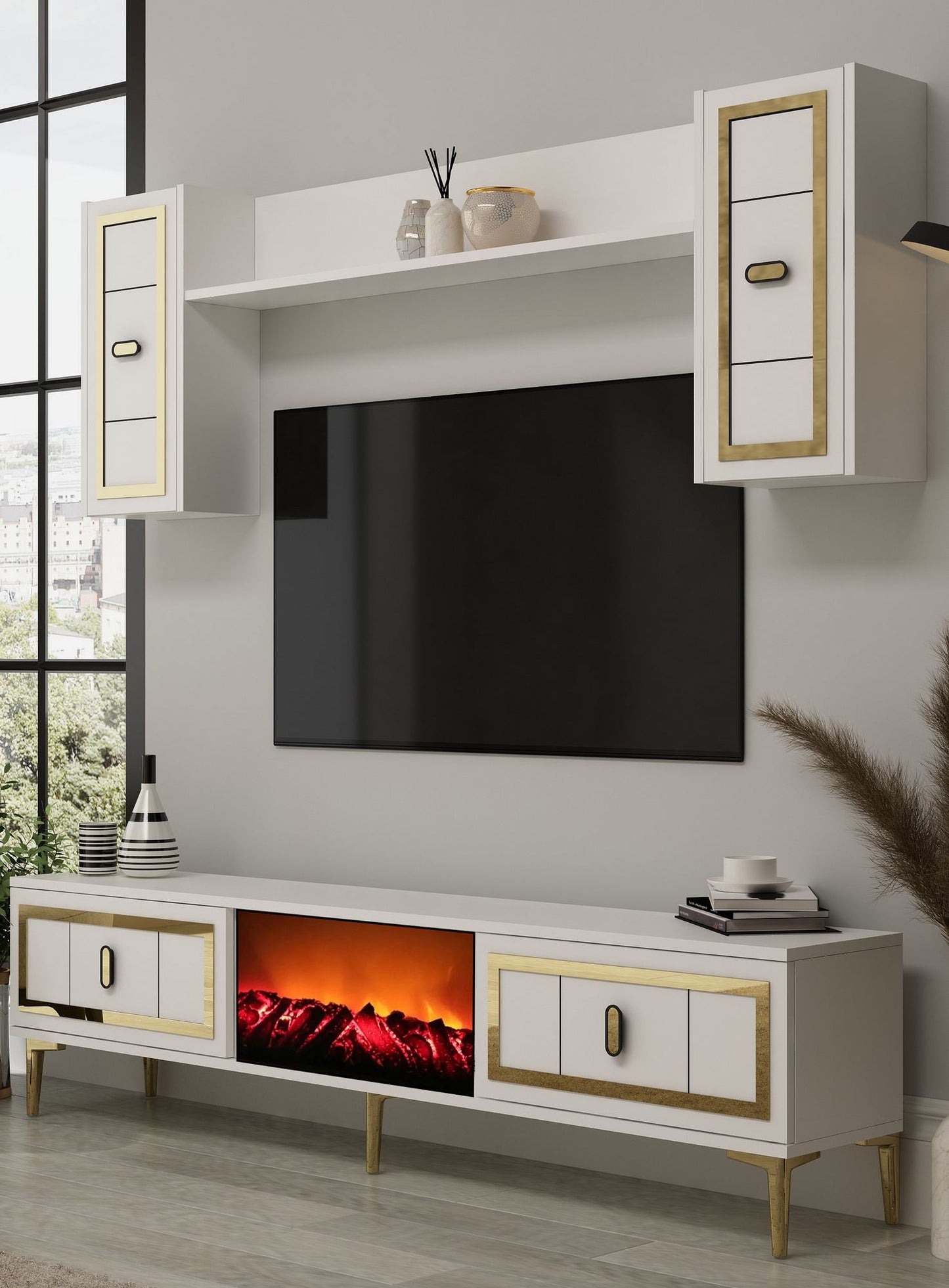 Έπιπλο Τηλεόρασης TV Βάση Σύνθεση Λευκό Χρυσό | 475OLV3384