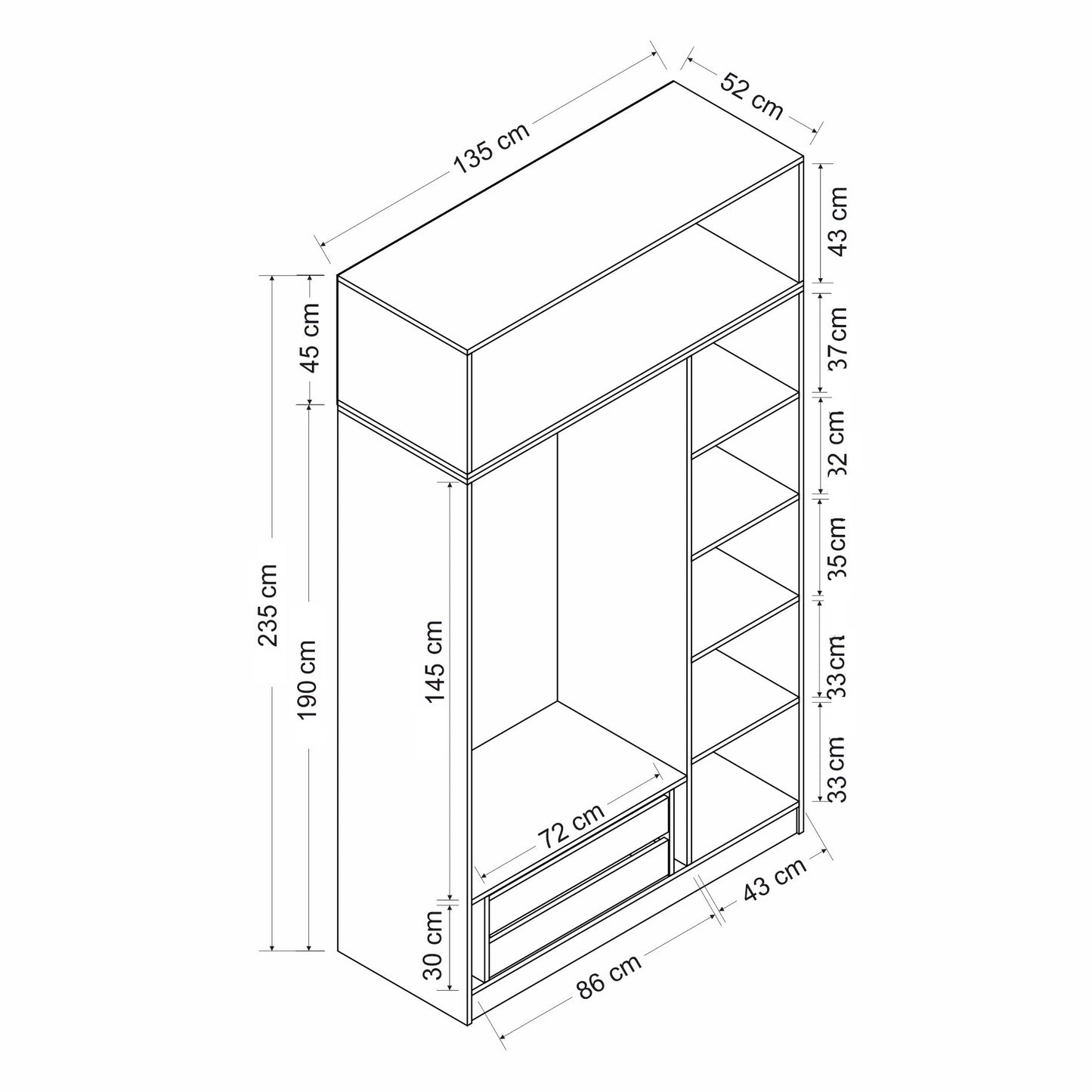 Ντουλάπα 135x235x52 εκ Ανθρακί 506MNR2413