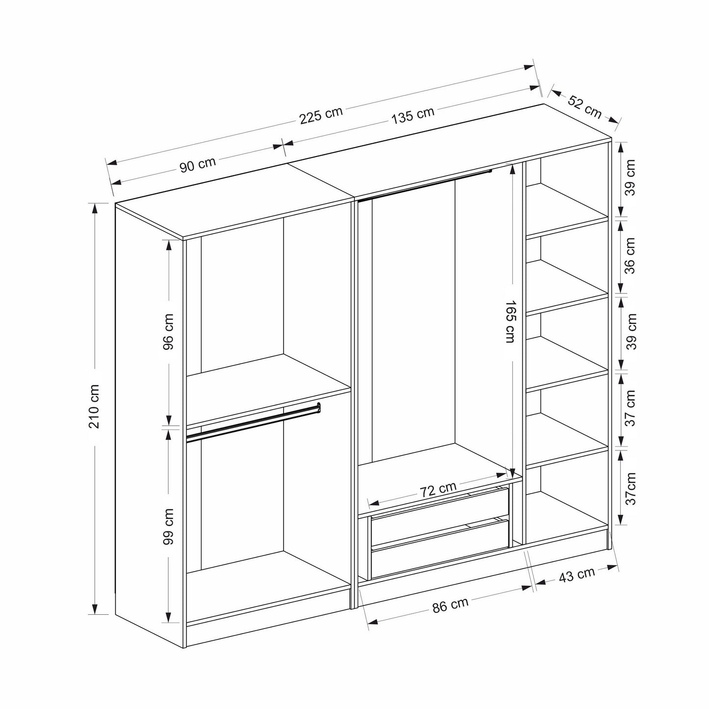 Ντουλάπα 225x210x52 εκ White Black 506MNR2589