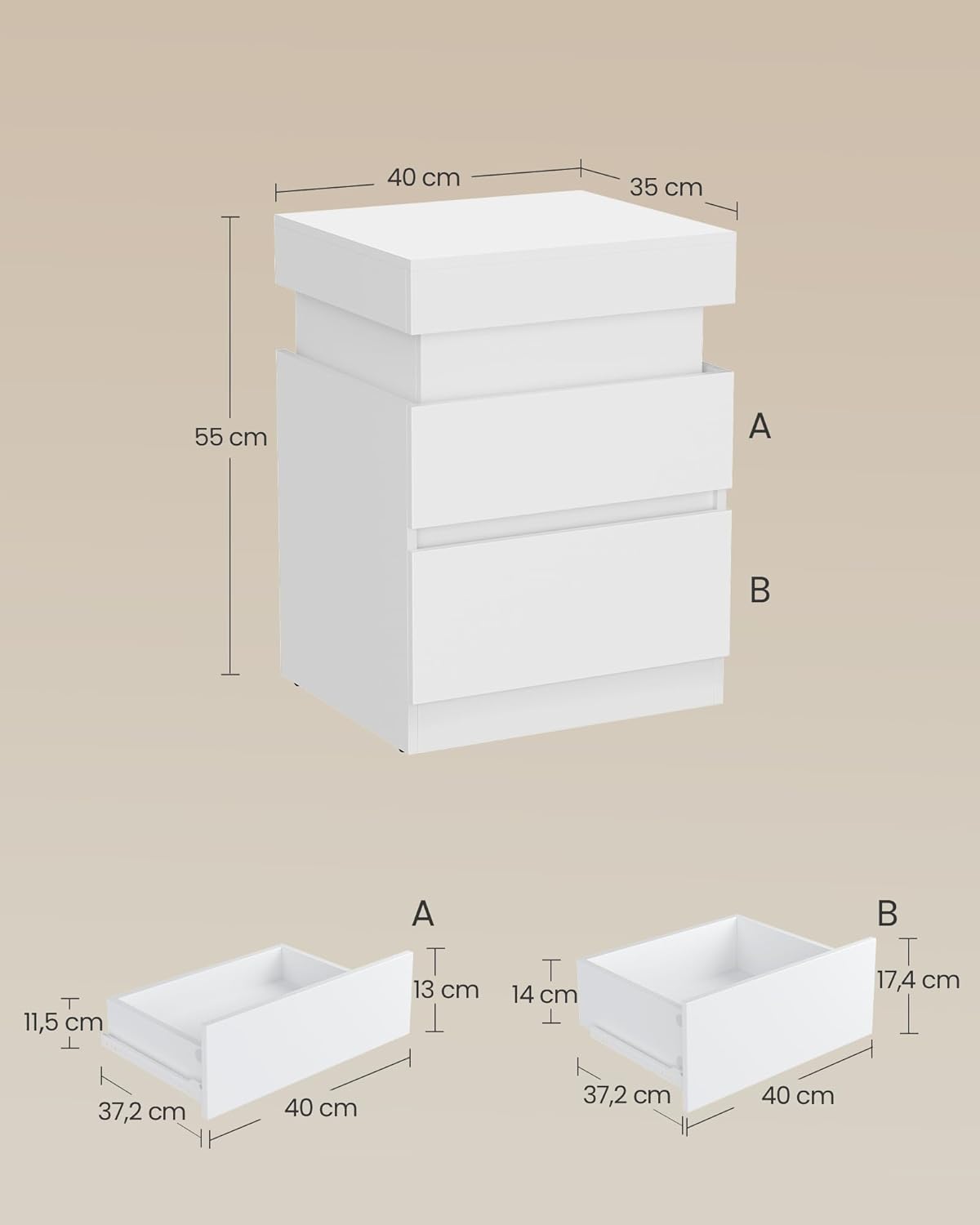 Κομοδίνο με Σταθμό Φόρτισης Σετ 2 τεμαχίων Φωτισμός LED Βοηθητικό Τραπεζάκι Μοντέρνο με Συρτάρια, 2 Πρίζες AC και Θύρες USB LET-829WB01