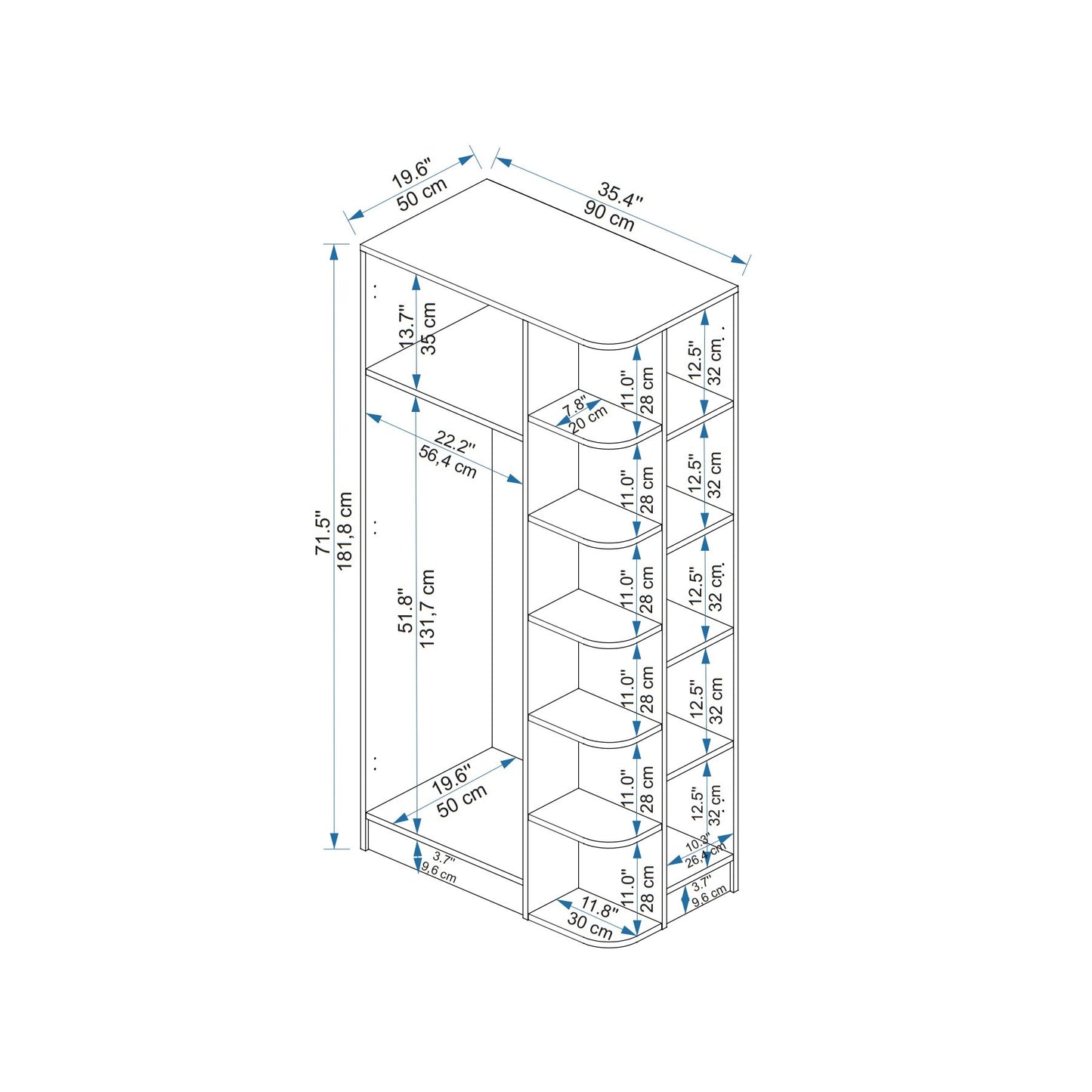 Ντουλάπα Έπιπλο Εισόδου σε 2 Χρωματισμούς Γωνιακό Ντουλάπι Κρεμάστρα Ραφιέρα Βιβλιοθήκη Κρεβατοκάμαρας Ανοιχτή Ντουλάπα 550ARN3158