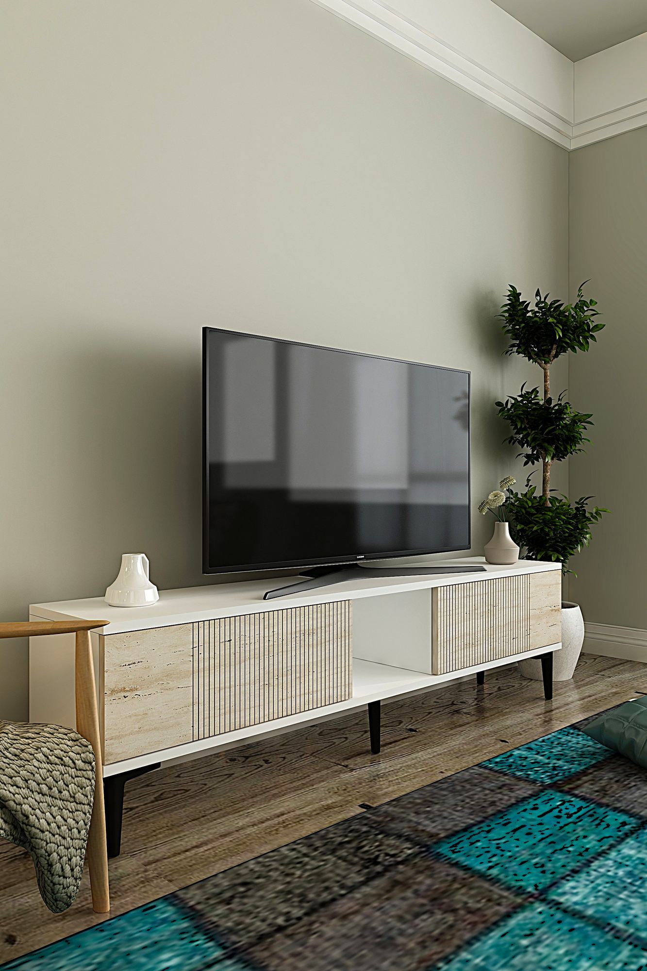 Έπιπλο Τηλεόρασης TV Βάση Σύνθεση Λευκό Travertine | 555CHM1136